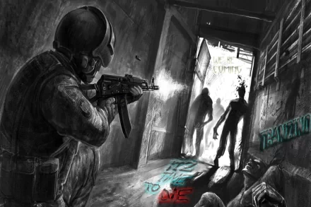 Dark HD PC desktop wallpaper depicting a tense scene with a soldier aiming a gun at approaching zombies in a dimly lit, narrow corridor.