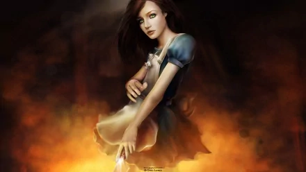 HD PC desktop wallpaper from the video game Alice: Madness Returns — gothic Alice in a tattered blue dress standing amid glowing embers and smoky orange flames.