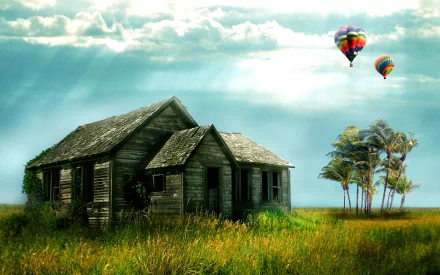 HD PC desktop wallpaper featuring a digitally manipulated scene of an old wooden house in a grassy field under a bright sky with hot air balloons and palm trees.