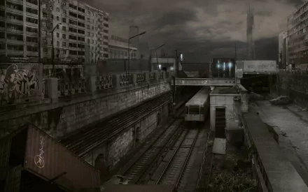 Half-Life 2 video game HD PC desktop wallpaper/background: desolate, stormy urban train depot with ruined apartment blocks, graffiti-covered walls and empty tracks.