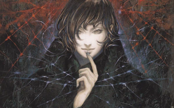 HD dark-themed PC desktop wallpaper featuring a mysterious vampire with pale skin and dark hair, holding a finger to their lips in a shushing gesture.