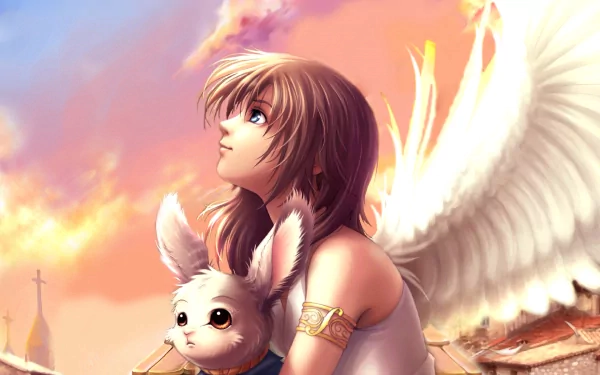 An HD desktop wallpaper featuring an anime-style angel with white wings, gazing at the sky while holding a cute, furry creature. The background showcases a colorful sky with warm hues and distant architecture.