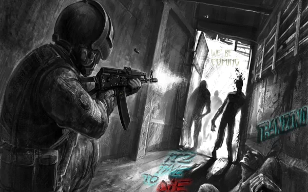 Dark HD PC desktop wallpaper depicting a tense scene with a soldier aiming a gun at approaching zombies in a dimly lit, narrow corridor.