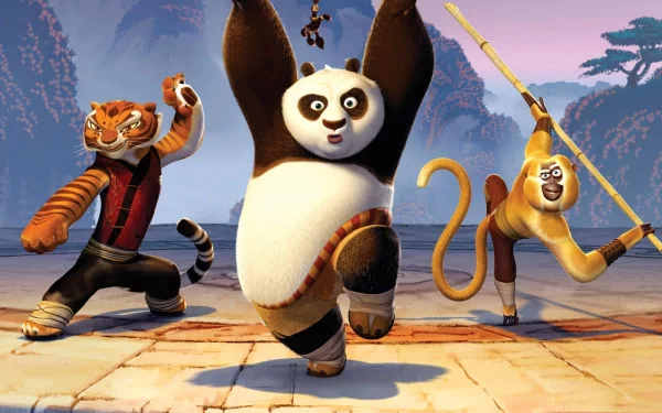 A vibrant HD wallpaper featuring characters from Kung Fu Panda, showcasing a playful panda with a tiger and a monkey, set against a scenic, action-packed background.