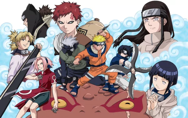 HD desktop wallpaper featuring characters from Naruto: Gaara, Neji Hyūga, Kankurō, Temari, Kakashi Hatake, Sakura Haruno, Sasuke Uchiha, Hinata Hyuga, and Naruto against a backdrop of clouds.