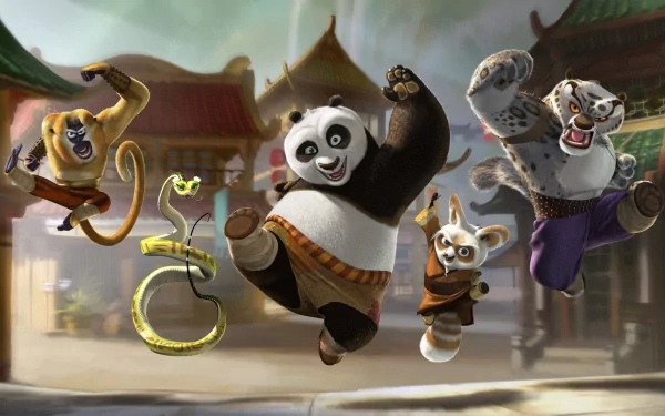 A vibrant HD wallpaper featuring characters from Kung Fu Panda: Tai Lung, Shifu, Po, and a viper, all in action against a colorful backdrop.