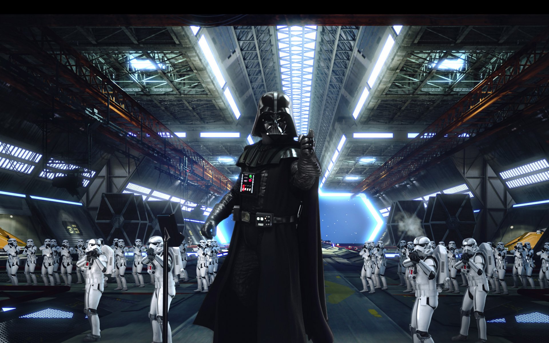 HD desktop wallpaper featuring Darth Vader surrounded by stormtroopers in a technologically advanced Star Wars space station.