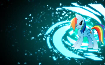 HD desktop wallpaper featuring Rainbow Dash from My Little Pony: Friendship Is Magic, set against a dynamic, swirling backdrop with shattered pieces and vibrant blue light.