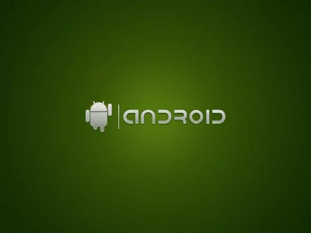 HD PC desktop wallpaper: green gradient background with a silver Android robot logo and stylized ANDROID text centered, technology-themed.
