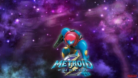 HD PC desktop wallpaper of Samus Aran from the video game Metroid Fusion, crouched in her blue-and-red power suit against a purple nebula, with the Metroid Fusion logo visible.