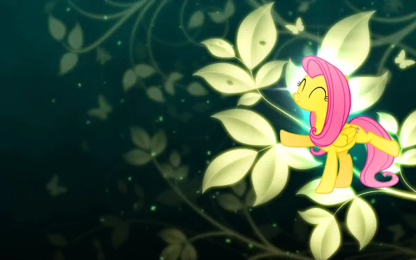A vibrant HD desktop wallpaper featuring Fluttershy from My Little Pony: Friendship Is Magic, surrounded by delicate black leaves and glowing butterflies against a dark background.