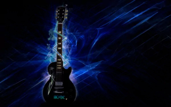 A striking HD wallpaper featuring a black Gibson guitar against a dynamic blue and black background, embodying the spirit of AC/DC and rock music.