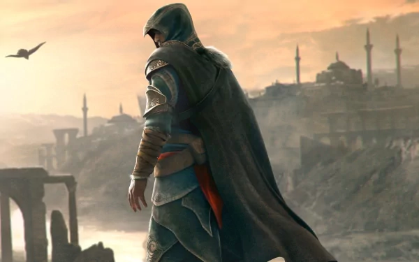 HD PC desktop wallpaper featuring a hooded Assassin's Creed: Revelations character overlooking an ancient cityscape at sunset with a bird in flight.