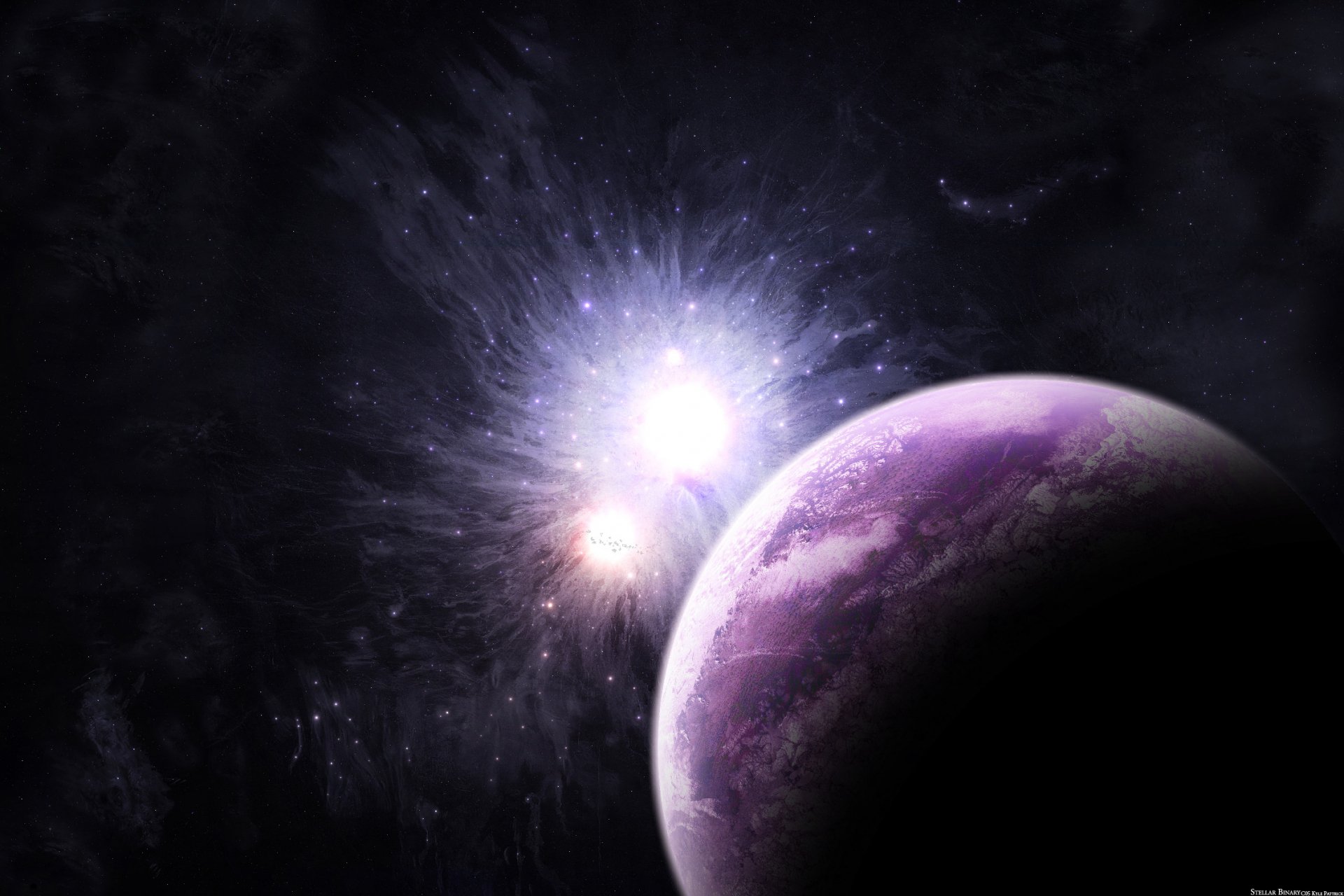 HD Sci-Fi desktop wallpaper depicting a vibrant explosion near a purple planet set against a dark cosmic background.