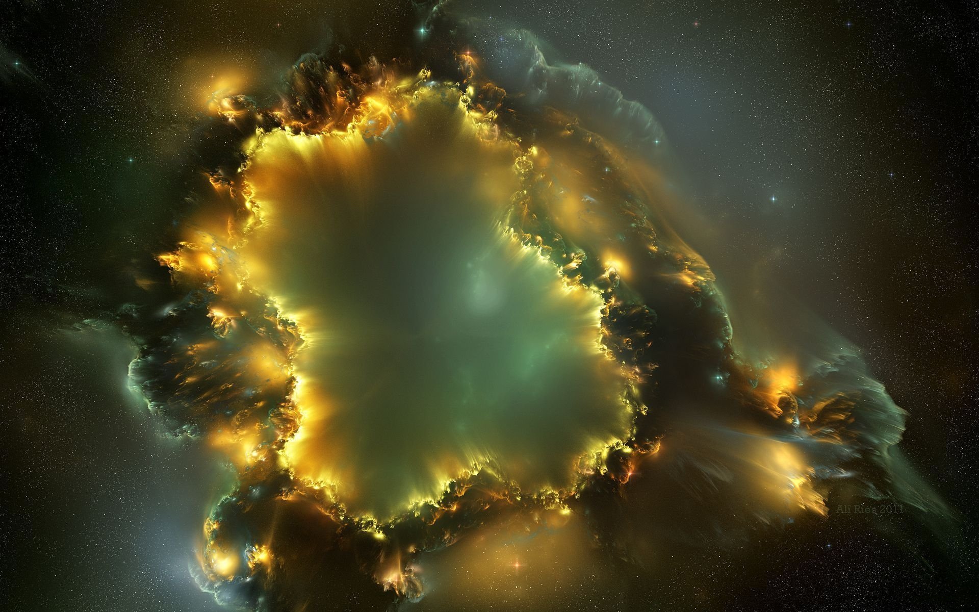 HD PC desktop wallpaper of a glowing sci-fi nebula with vibrant golden and green hues swirling in deep space.