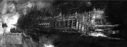 HD PC desktop wallpaper featuring a detailed Warhammer 40k spaceship in a dark, gritty space setting, capturing the intense atmosphere of the video game universe.