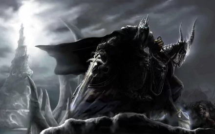 A dramatic HD wallpaper featuring the Lich King from World of Warcraft, shrouded in darkness and mystery, exuding an ominous presence against a haunting landscape.