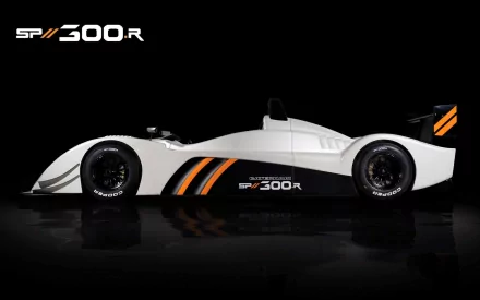 HD PC Desktop Wallpaper and Background: side-profile of a white sports car vehicle (SP/300R) on a reflective black surface.