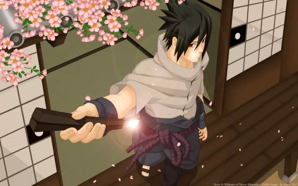 HD anime wallpaper featuring Sasuke Uchiha from Naruto standing in a traditional setting with sakura blossoms in the background.