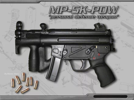 A high-definition image of a submachine gun, the MP5K-PDW, featuring detailed design elements and surrounding ammunition, serves as a striking desktop wallpaper.