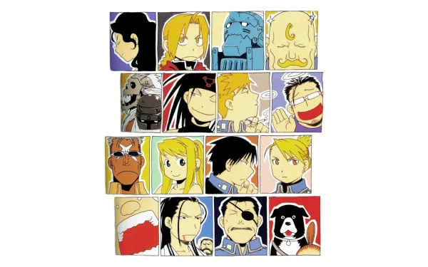 HD PC desktop wallpaper featuring colorful character portraits from the anime Fullmetal Alchemist arranged in a grid layout.