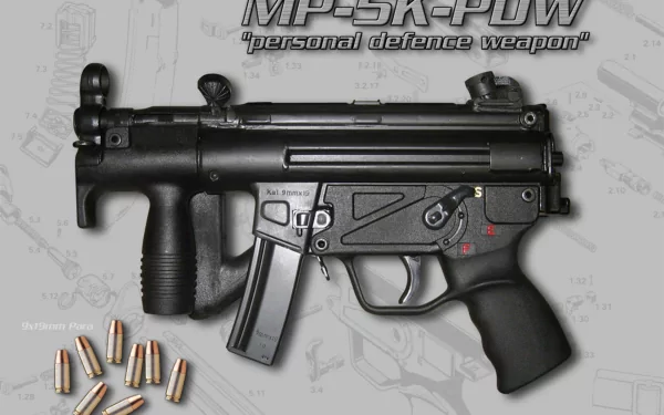 A high-definition image of a submachine gun, the MP5K-PDW, featuring detailed design elements and surrounding ammunition, serves as a striking desktop wallpaper.