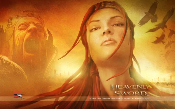 HD PC desktop wallpaper featuring a close-up of the female protagonist from the video game Heavenly Sword, set against a fiery orange background with a dramatic, intense atmosphere.