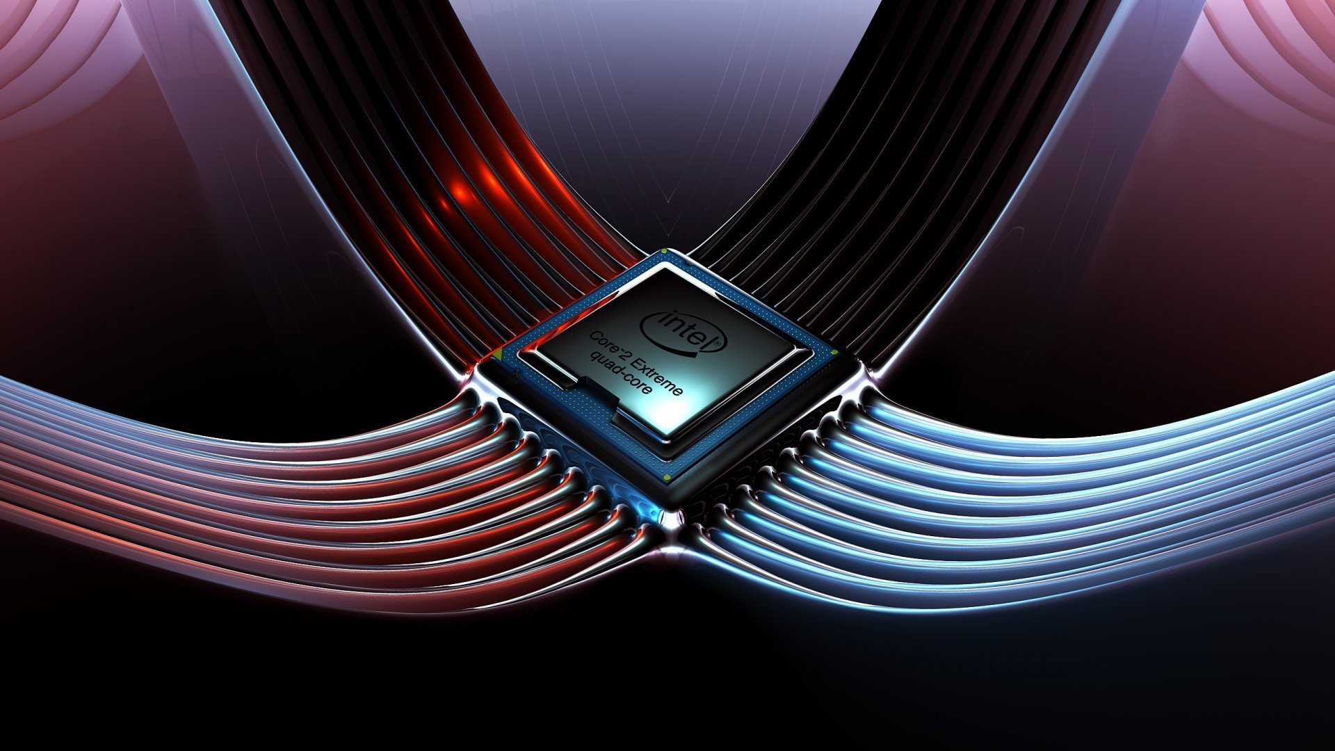 HD PC desktop wallpaper showcasing an Intel microchip connected by sleek, illuminated circuits, representing advanced technology and computing power.