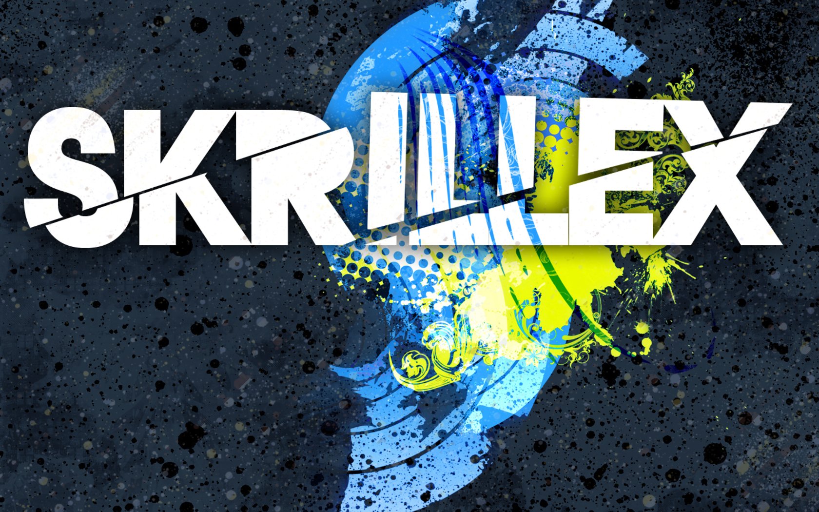 HD PC desktop wallpaper featuring the bold Skrillex logo with vibrant blue and yellow splashes, capturing the energy of trance and dubstep music.