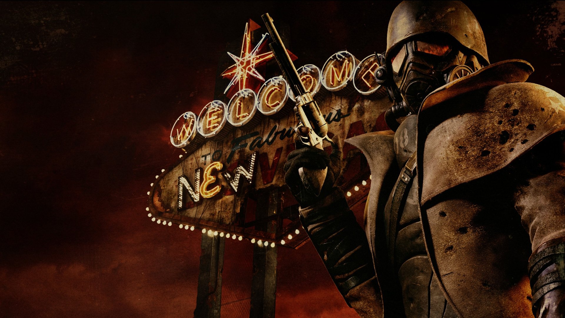 HD PC desktop wallpaper featuring a character from the Fallout video game standing in front of a glowing Welcome to New Vegas sign at night.