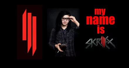HD desktop wallpaper and background featuring Skrillex with the caption my name is Skrillex in red text, alongside his logo. Tagged with trance, dubstep, and music.
