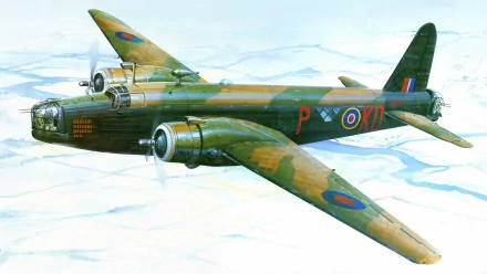 HD PC desktop wallpaper featuring a detailed illustration of a military Vickers Wellington bomber flying above the clouds.