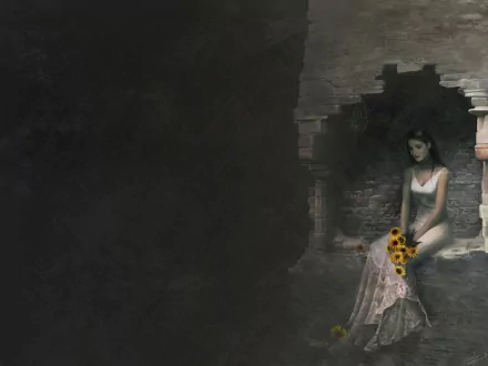 HD desktop wallpaper featuring a mysterious woman in a white dress, sitting in a dark, stone alcove with sunflowers.