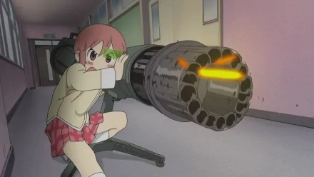 Misato Tachibana from the anime Nichijō strikes a fierce pose wielding a large weapon in a school hallway, captured in a vibrant HD PC desktop wallpaper.