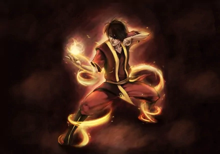 HD desktop wallpaper of Zuko from Avatar: The Last Airbender, an anime character, showcased in a dynamic pose with firebending abilities, surrounded by swirling flames.