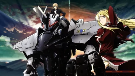 HD anime desktop wallpaper featuring characters from Broken Blade, showcasing a blonde human figure alongside a large black armored mech against a dramatic sky backdrop.