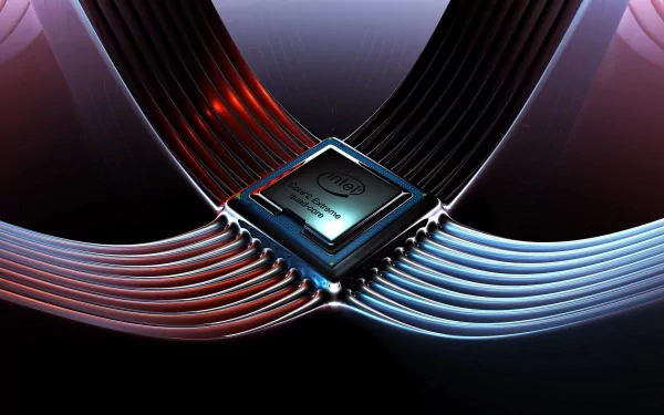 HD PC desktop wallpaper showcasing an Intel microchip connected by sleek, illuminated circuits, representing advanced technology and computing power.