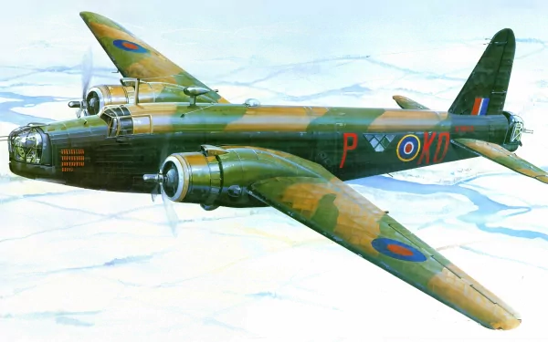 HD PC desktop wallpaper featuring a detailed illustration of a military Vickers Wellington bomber flying above the clouds.