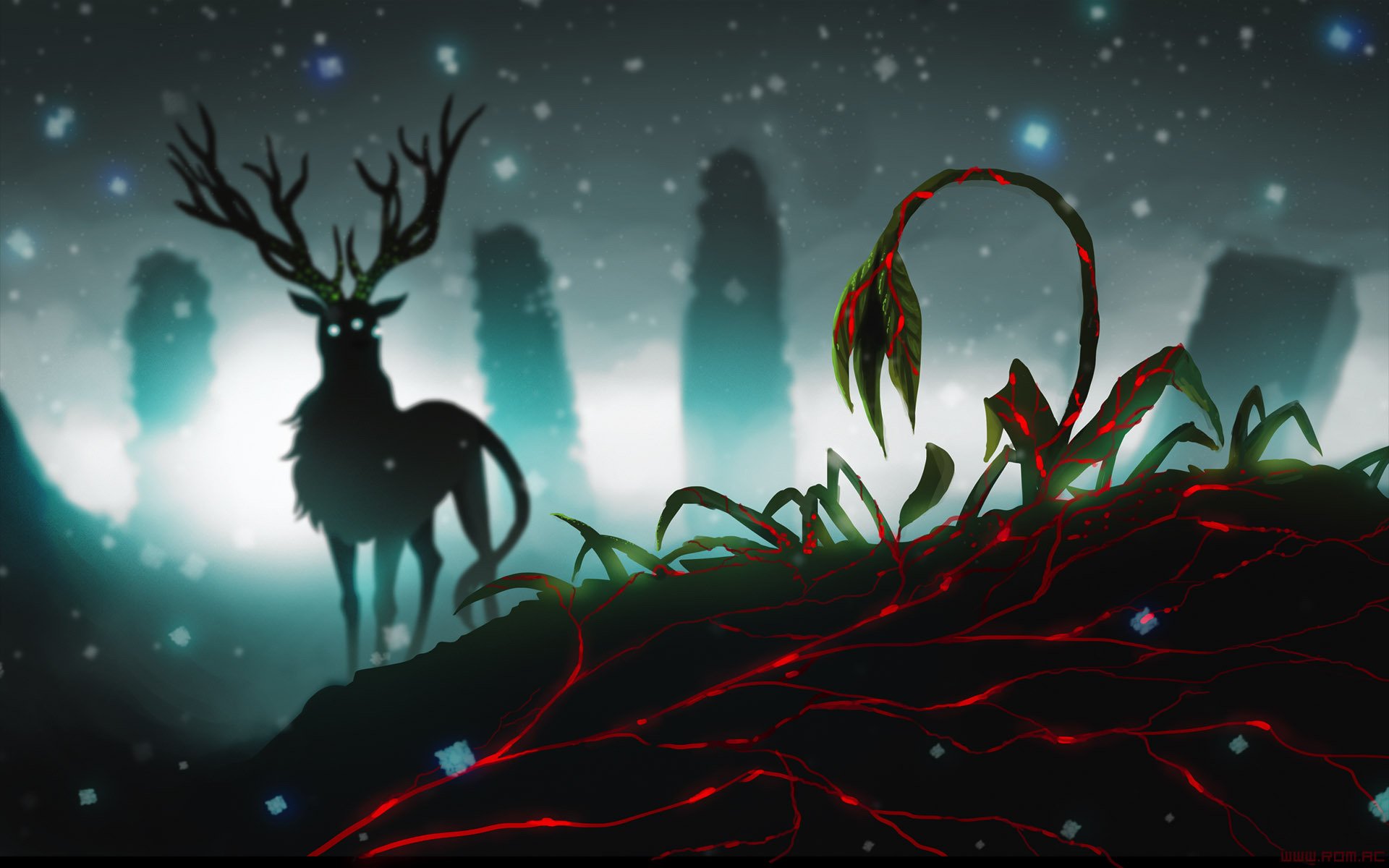 HD PC desktop wallpaper from the comic Romantically Apocalyptic, featuring a glowing red-eyed stag and a menacing plant-like creature in a dark, eerie landscape.
