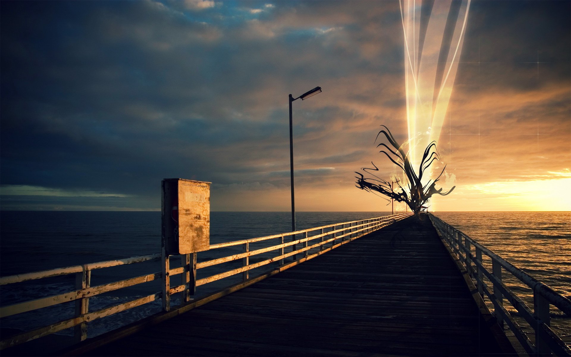 Abstract HD PC desktop wallpaper/background: a long wooden pier over a dark ocean at sunset leading to a glowing, surreal tree of light.