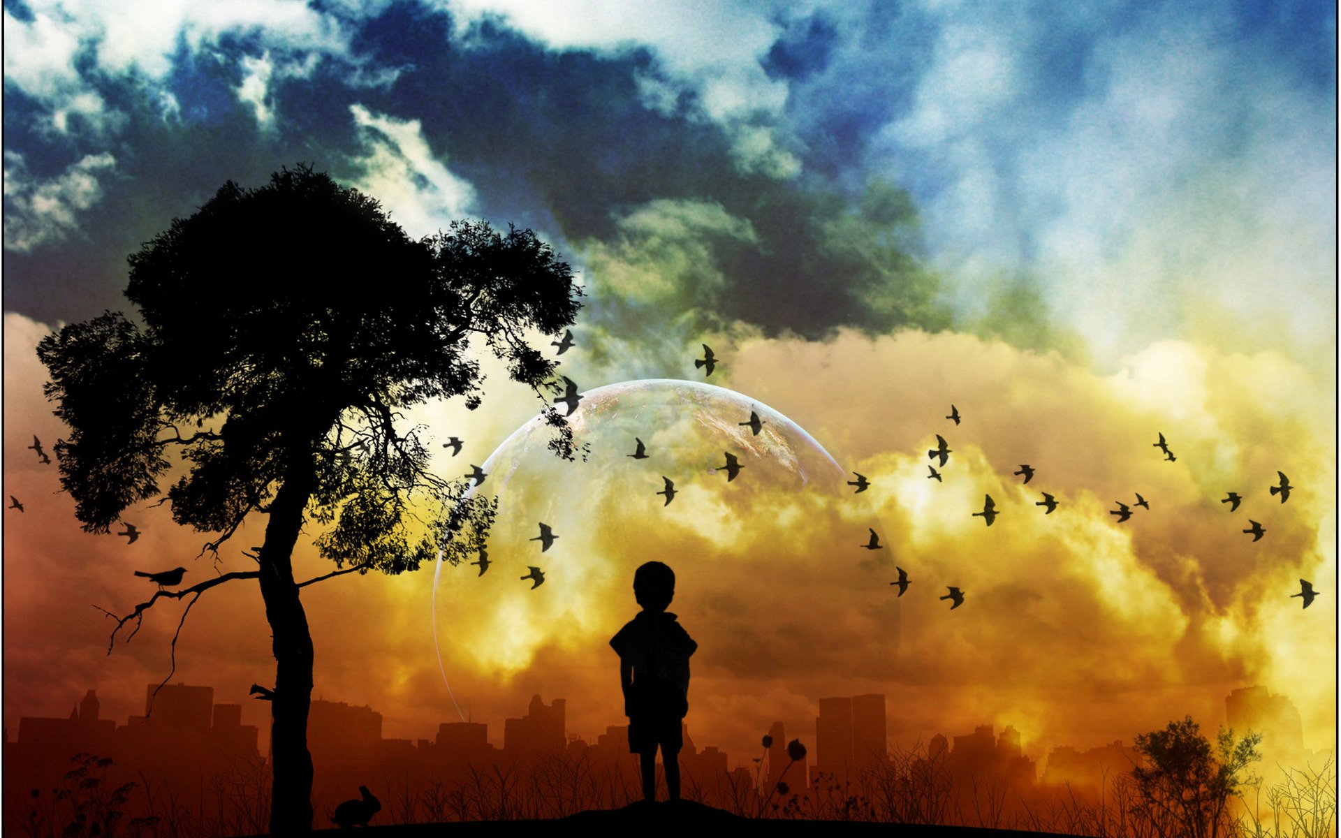 A silhouette of a child stands beneath a tree, gazing at a colorful sci-fi sky filled with clouds and birds, creating a captivating artistic backdrop for HD PC wallpapers.
