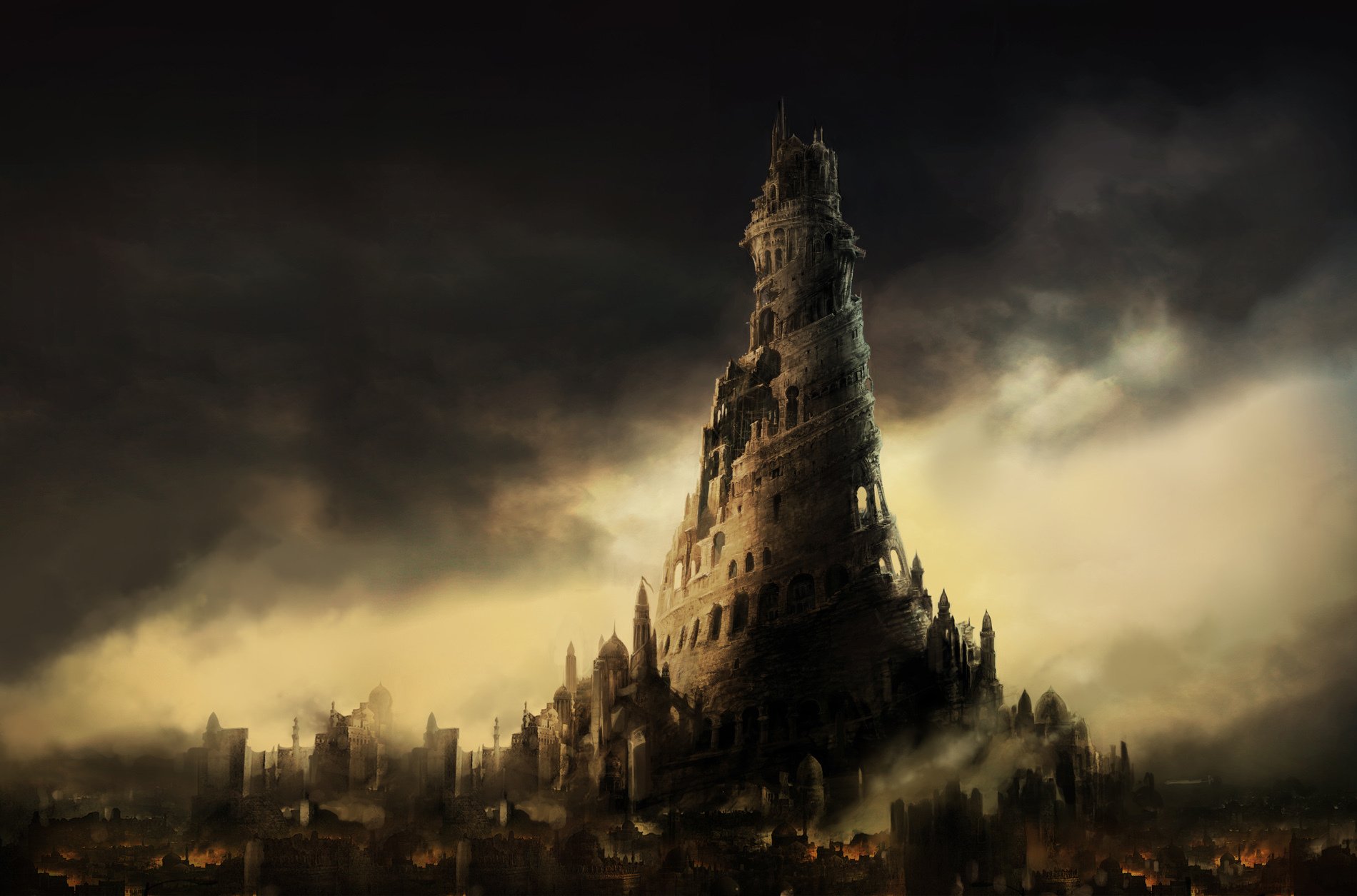 A dramatic scene from the video game Prince of Persia: The Two Thrones, featuring a towering structure shrouded in dark clouds and mist, set against a moody backdrop. High-definition PC wallpaper.