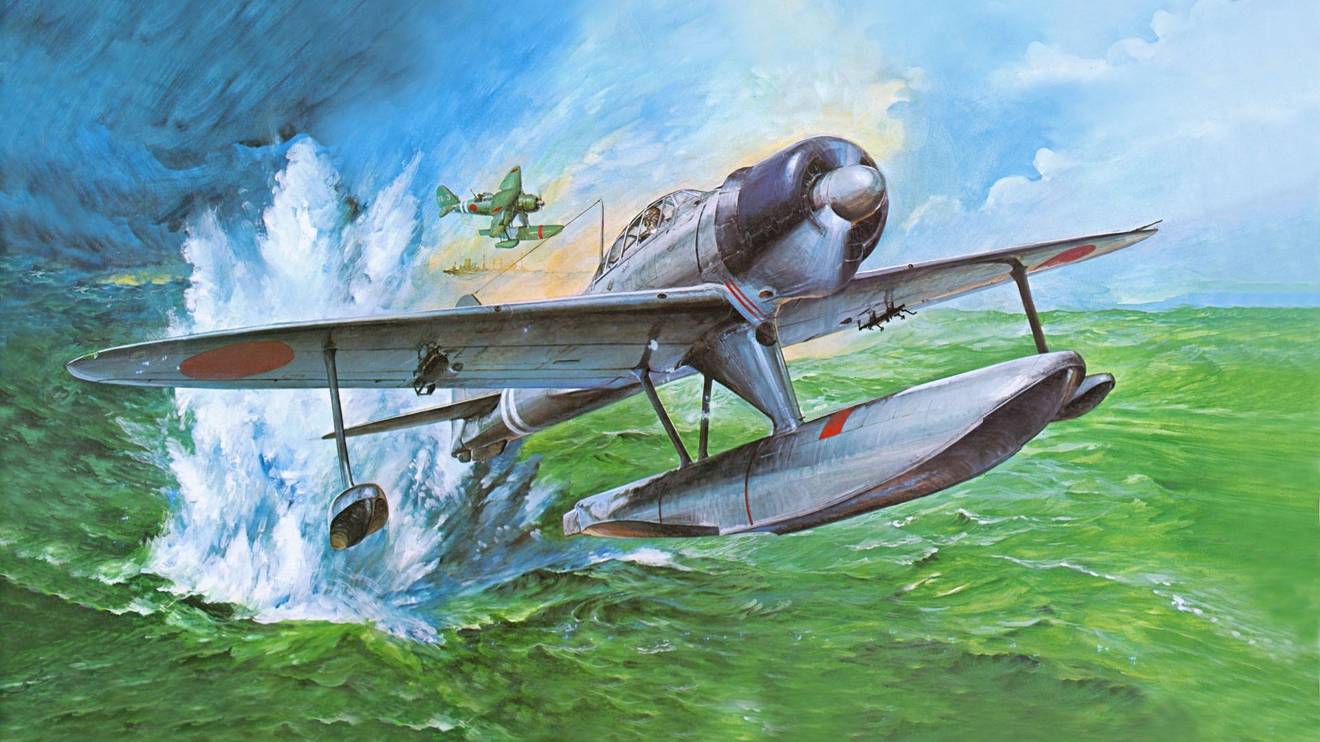 HD PC desktop wallpaper depicting a military aircraft seaplane skimming the ocean surface with another plane in the background against a cloudy sky.