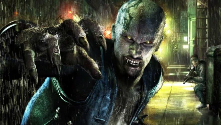 Vampire Rain video game HD PC desktop wallpaper: snarling green-skinned vampire reaching through a rain-soaked alley toward viewer, an armed guard in the neon-lit background.