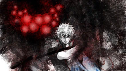 HD anime desktop wallpaper featuring a dramatic black-and-white Gintama character against a dark, textured background with striking red highlights.