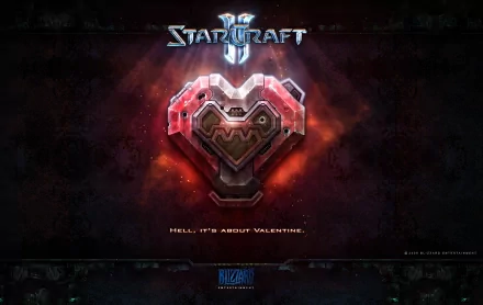 Video game StarCraft II HD PC desktop wallpaper and background: glowing mechanical heart emblem against a fiery nebula, StarCraft logo above and Blizzard branding below.