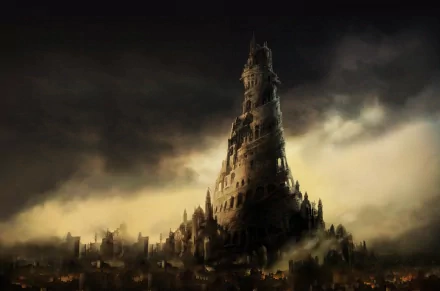 A dramatic scene from the video game Prince of Persia: The Two Thrones, featuring a towering structure shrouded in dark clouds and mist, set against a moody backdrop. High-definition PC wallpaper.