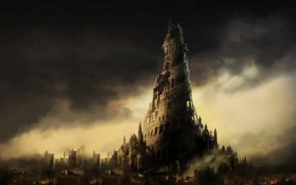 A dramatic scene from the video game Prince of Persia: The Two Thrones, featuring a towering structure shrouded in dark clouds and mist, set against a moody backdrop. High-definition PC wallpaper.