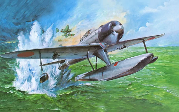 HD PC desktop wallpaper depicting a military aircraft seaplane skimming the ocean surface with another plane in the background against a cloudy sky.