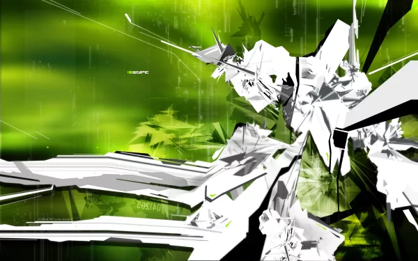 Abstract HD desktop wallpaper with a pattern of sharp shapes in white and black against a vibrant green textured background.